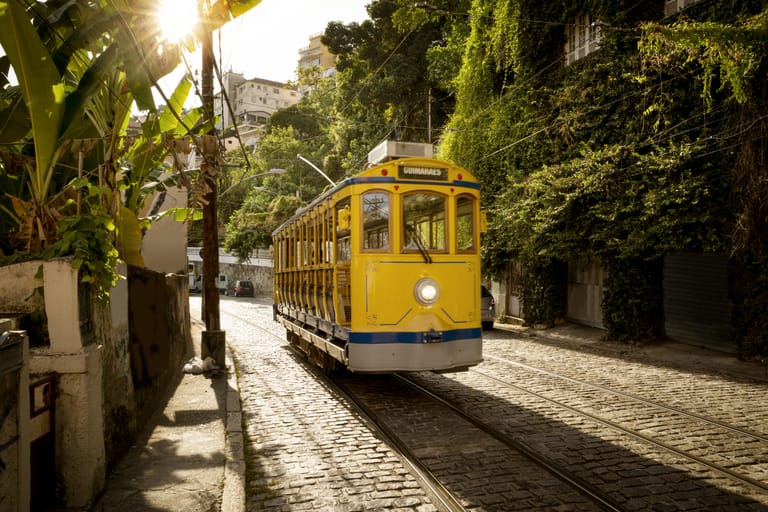 Old yellow tram in Santa Teresa district in Rio de Janeiro, Brazil